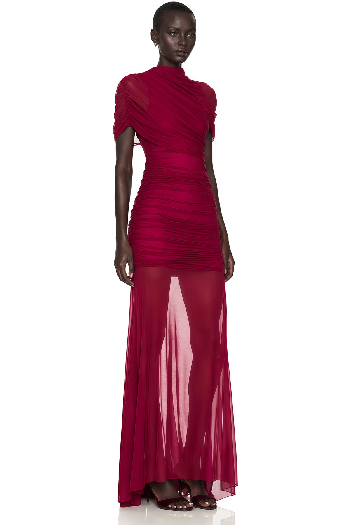 Sylphe Red Asymmetrical Ruched Mesh Maxi Dress