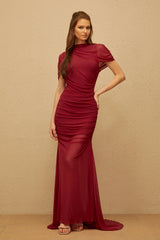 Sylphe Red Asymmetrical Ruched Mesh Maxi Dress