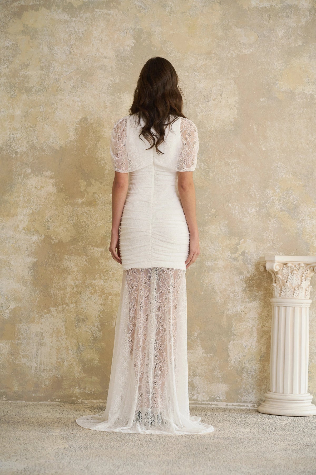 Sylphe White Asymmetrical Ruched Lace Maxi Dress