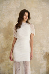 Sylphe White Asymmetrical Ruched Lace Maxi Dress