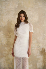 Sylphe White Asymmetrical Ruched Lace Maxi Dress