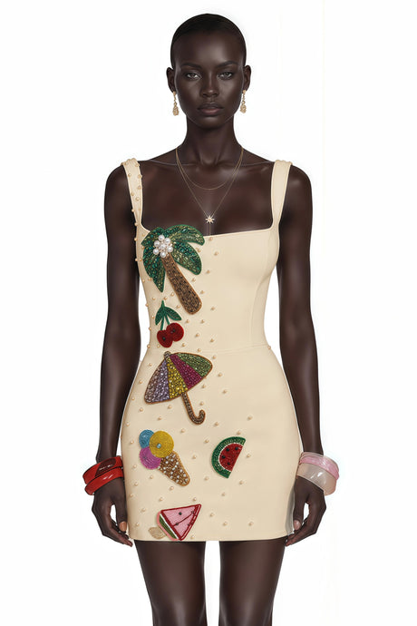 Genevieve Mini Dress Beige Embellished