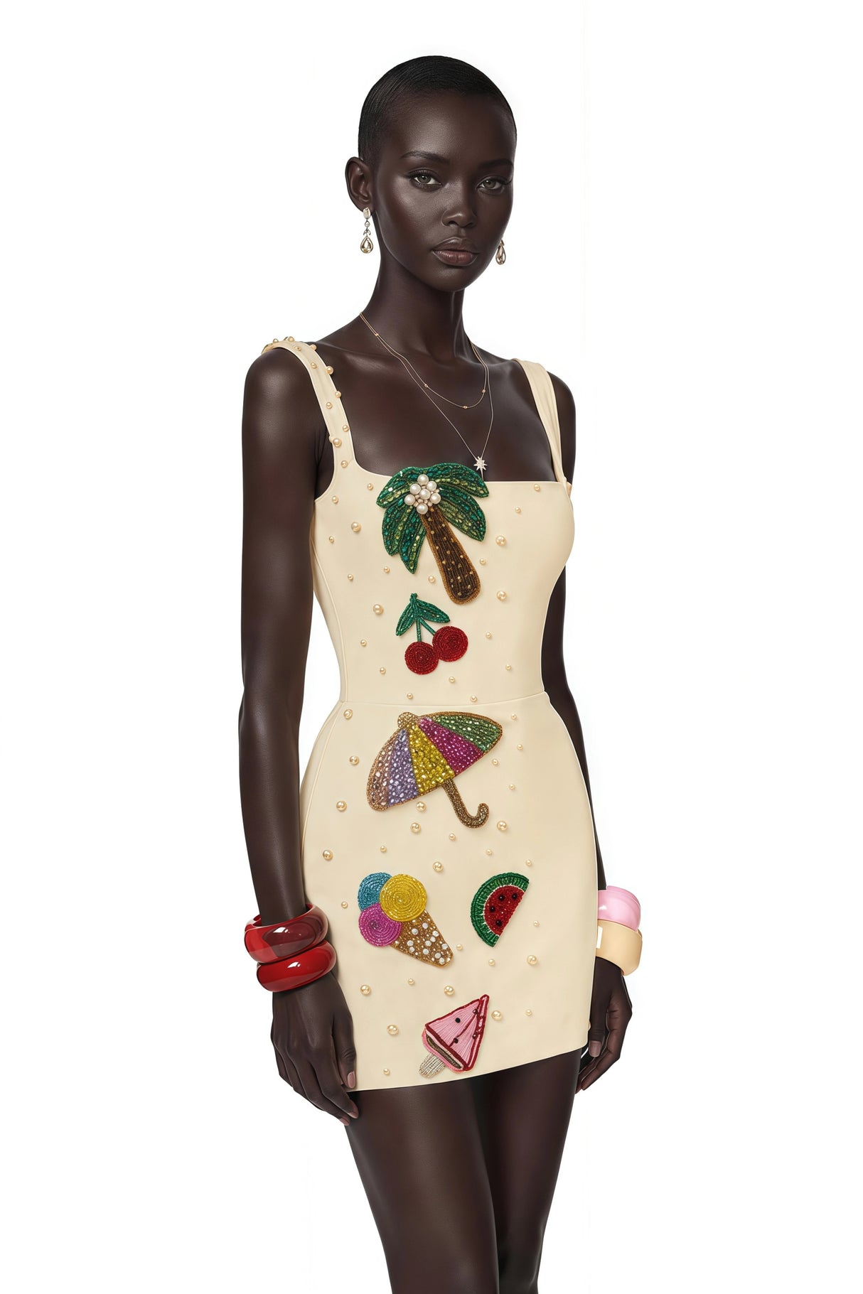 Sylvie Beige Embellished Mini Dress