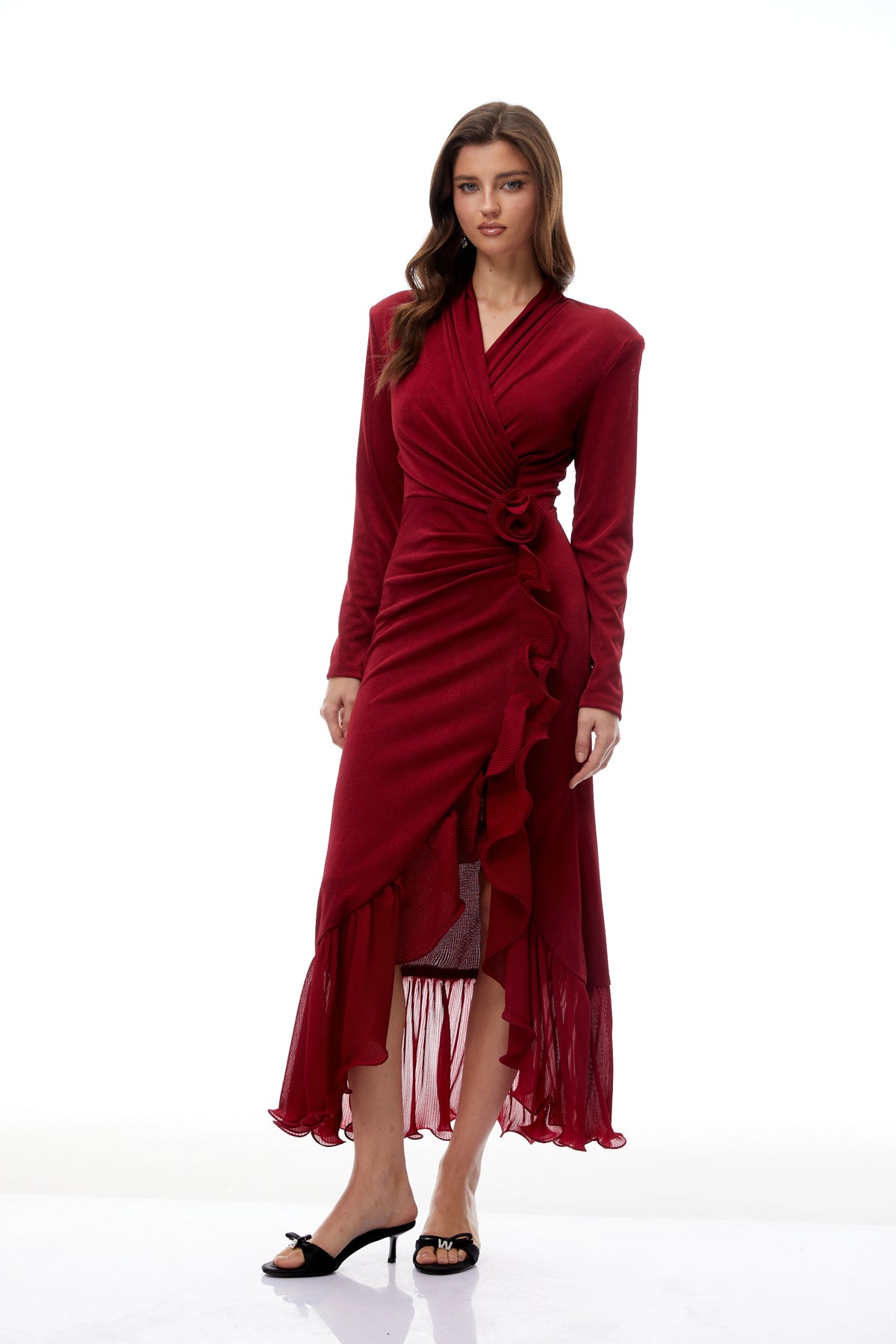 Synne Red Ruffled Gathered Knit Midi Dress