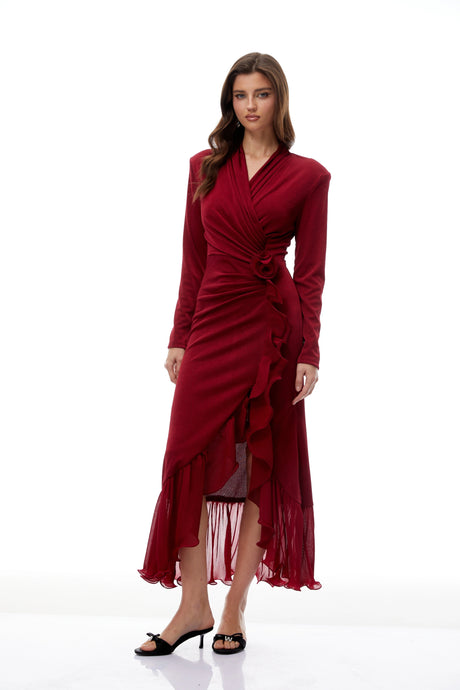Miriana Midi Dress Red Ruffled Gathered Knit