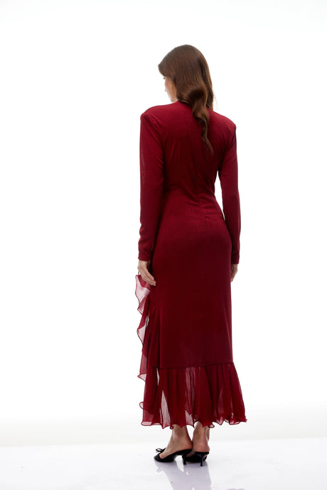 Miriana Midi Dress Red Ruffled Gathered Knit