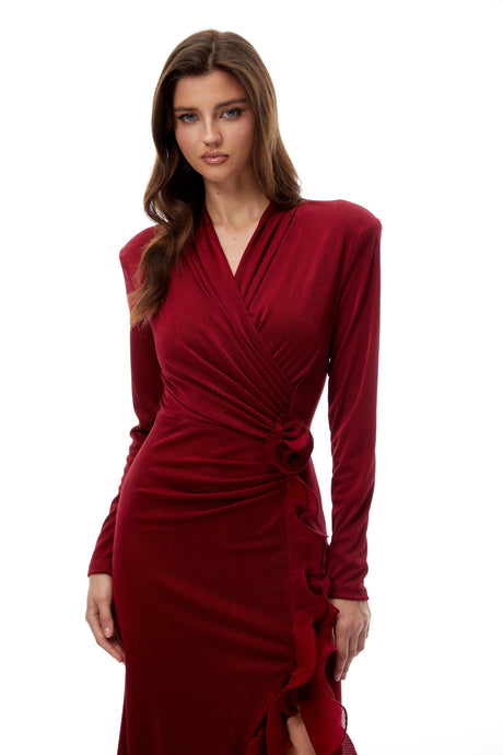 Miriana Midi Dress Red Ruffled Gathered Knit