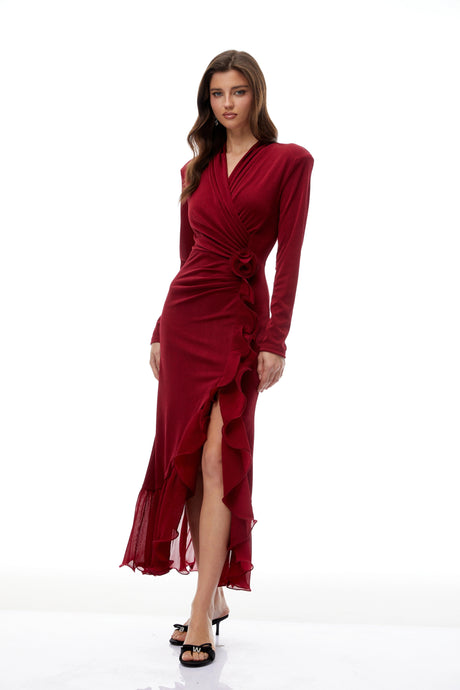 Miriana Midi Dress Red Ruffled Gathered Knit