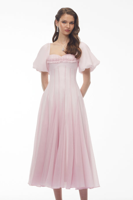 Lucille Midi Dress Pink Ruffled Pleated