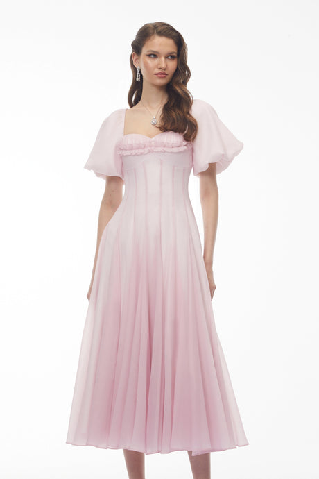 Lucille Midi Dress Pink Ruffled Pleated