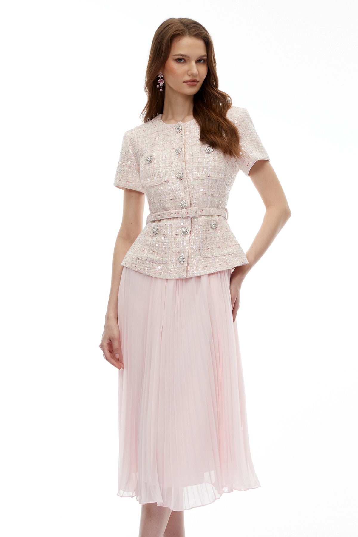 Tahmineh Pink Tweed Pleated Midi Dress