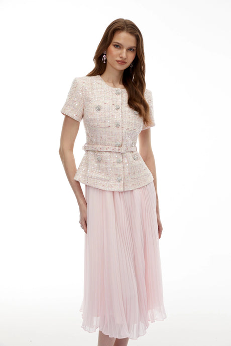 Agnolina Midi Dress Pink Tweed Pleated