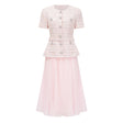 Tahmineh Pink Tweed Pleated Midi Dress