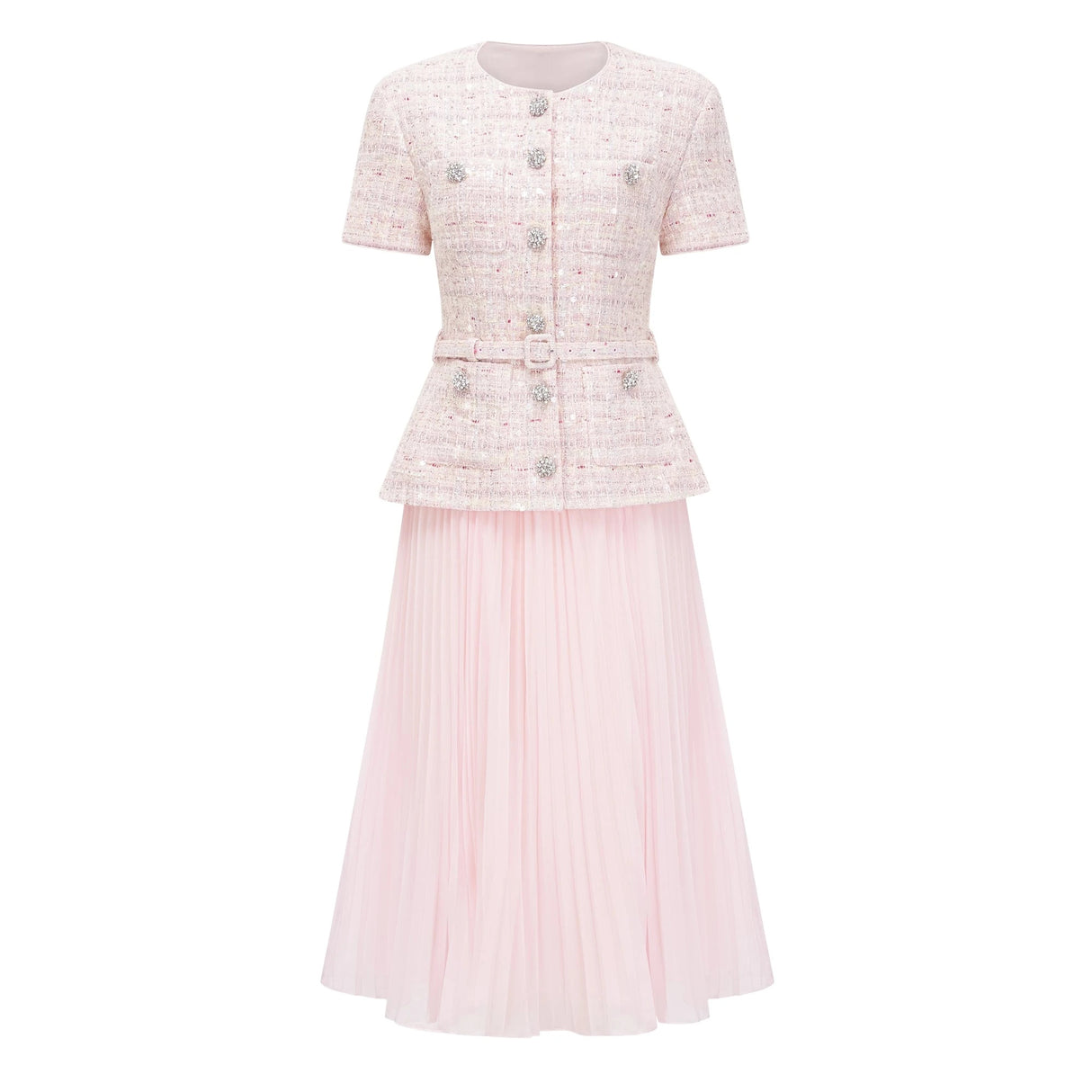 Tahmineh Pink Tweed Pleated Midi Dress