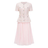 Tahmineh Pink Tweed Pleated Midi Dress