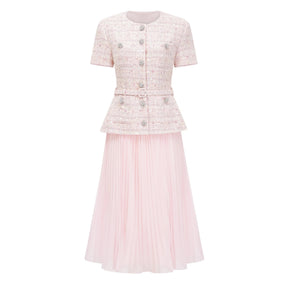 Tahmineh Pink Tweed Pleated Midi Dress