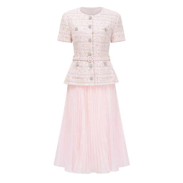 Tahmineh Pink Tweed Pleated Midi Dress