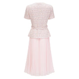 Tahmineh Pink Tweed Pleated Midi Dress