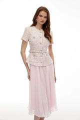 Tahmineh Pink Tweed Pleated Midi Dress