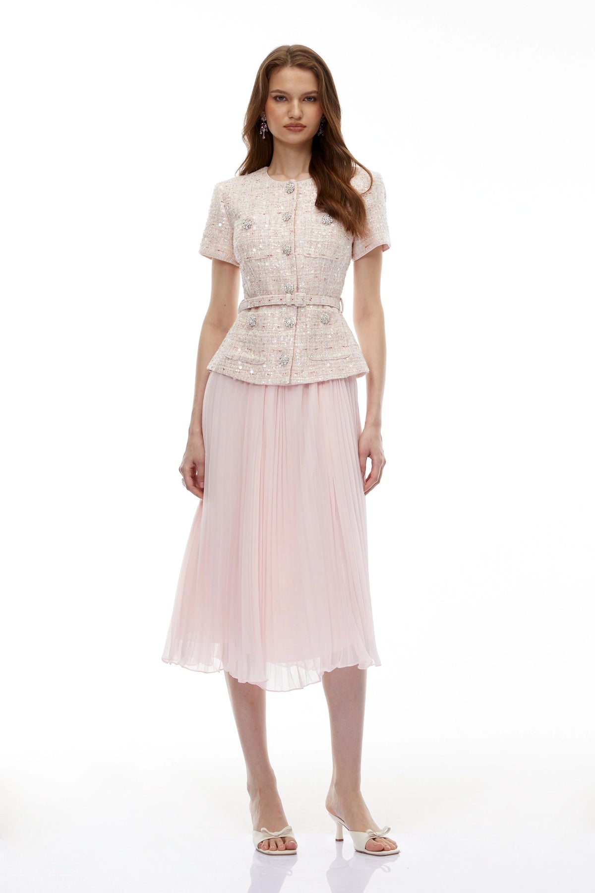 Tahmineh Pink Tweed Pleated Midi Dress