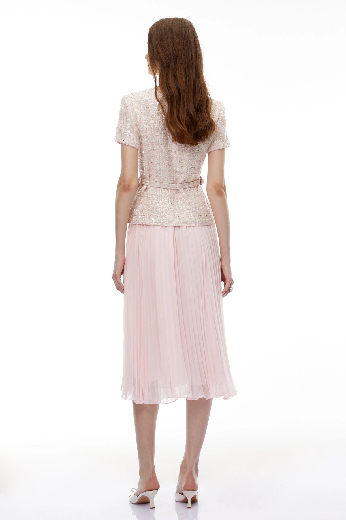Tahmineh Pink Tweed Pleated Midi Dress