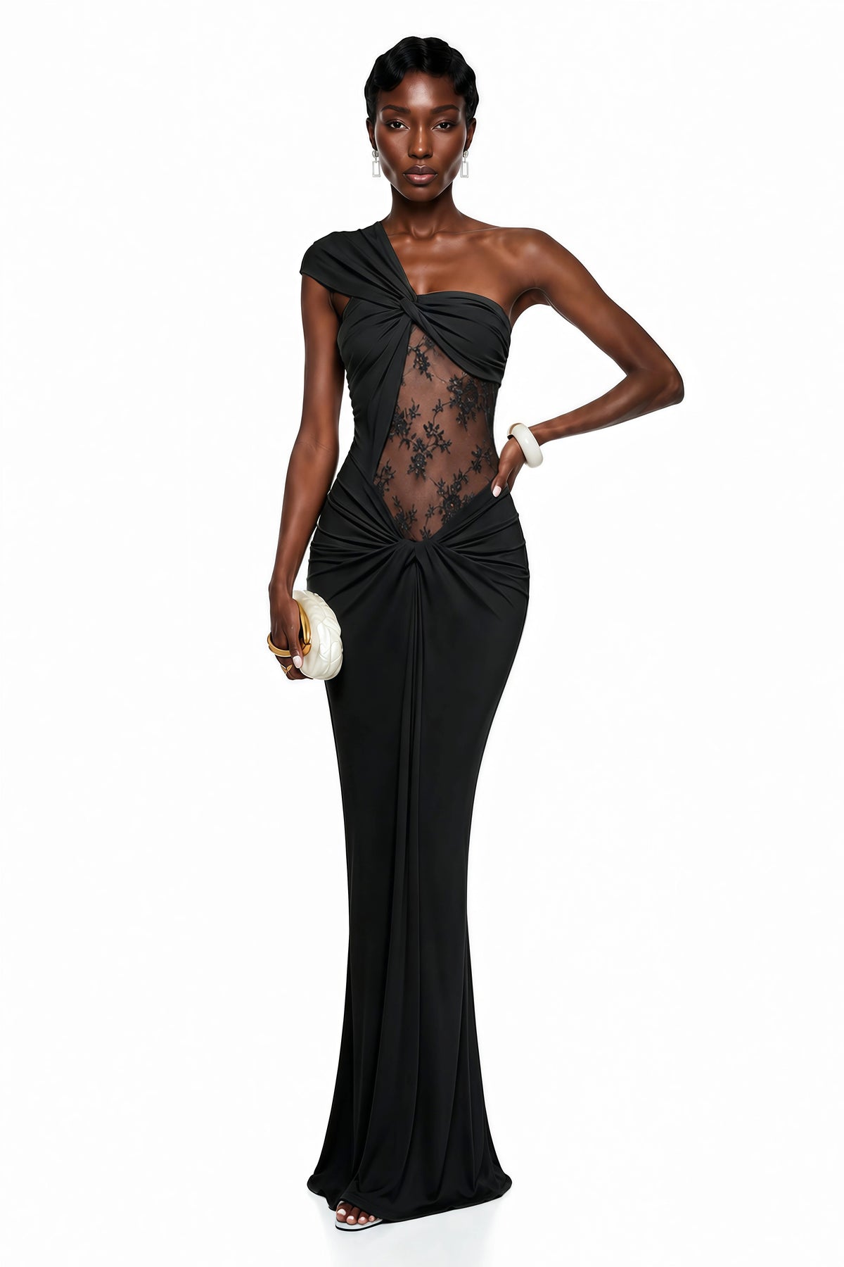 Tai Black One Shoulder Lace Maxi Dress