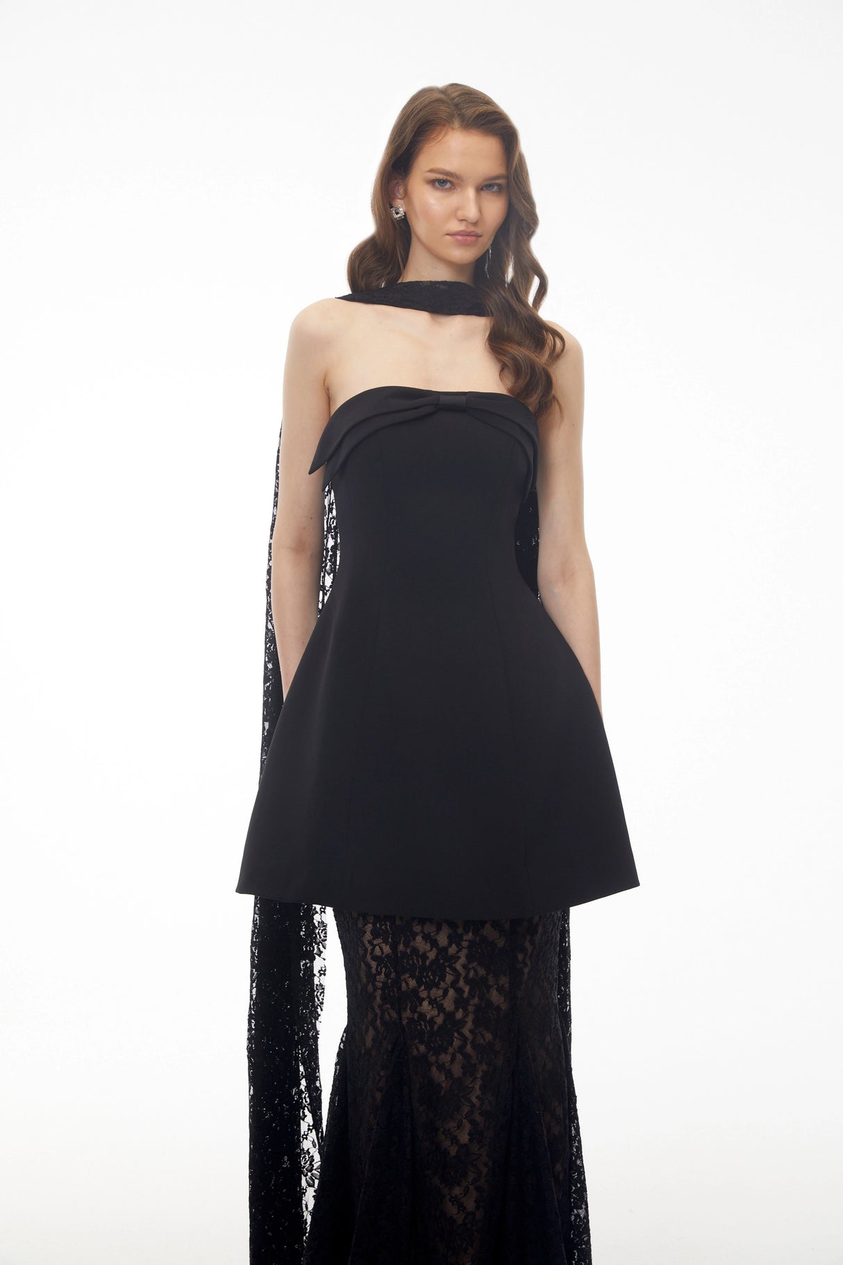 Taisiya Black Bow Mini Dress  Lace Skirt Set