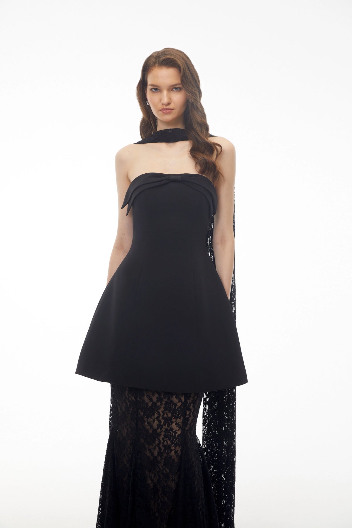 Taisiya Black Bow Mini Dress  Lace Skirt Set