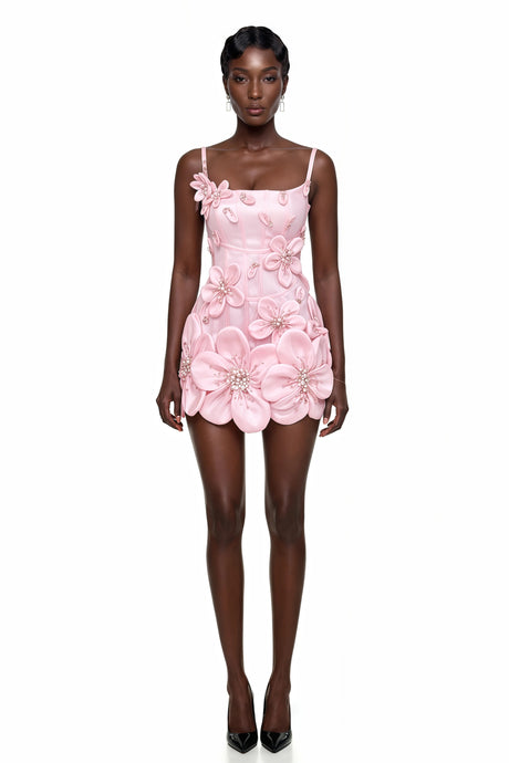Adriana Mini Dress Pink Embellished with 3D Petals