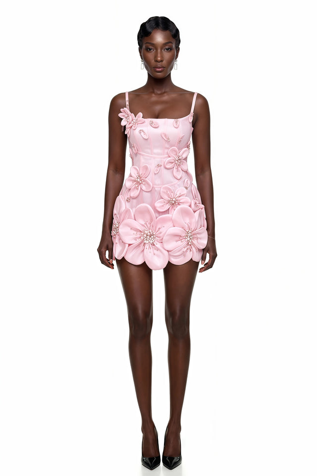 Tália Pink Embellished Mini Dress with 3D Petals