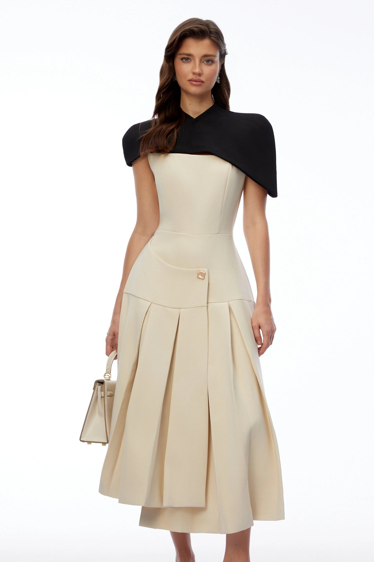 Tangaroa Khaki Cape Pleated Asymmetrical Maxi Dress