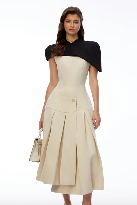 Isabella Maxi Dress Khaki Cape Pleated Asymmetrical