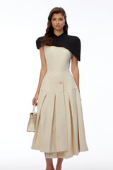 Tangaroa Khaki Cape Pleated Asymmetrical Maxi Dress