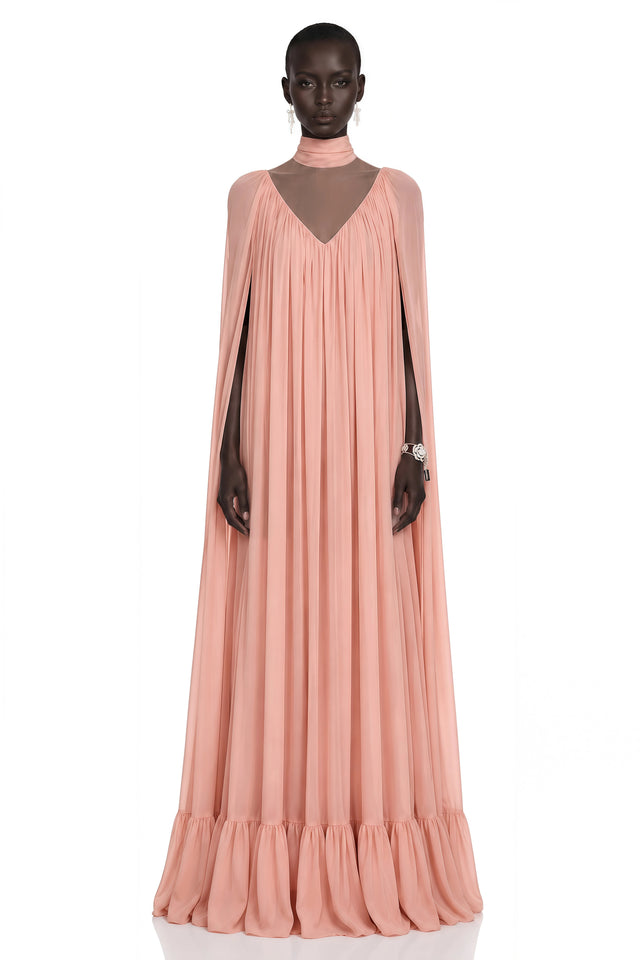 Tania Rose Pink Ruffled Pleated Maxi Dress