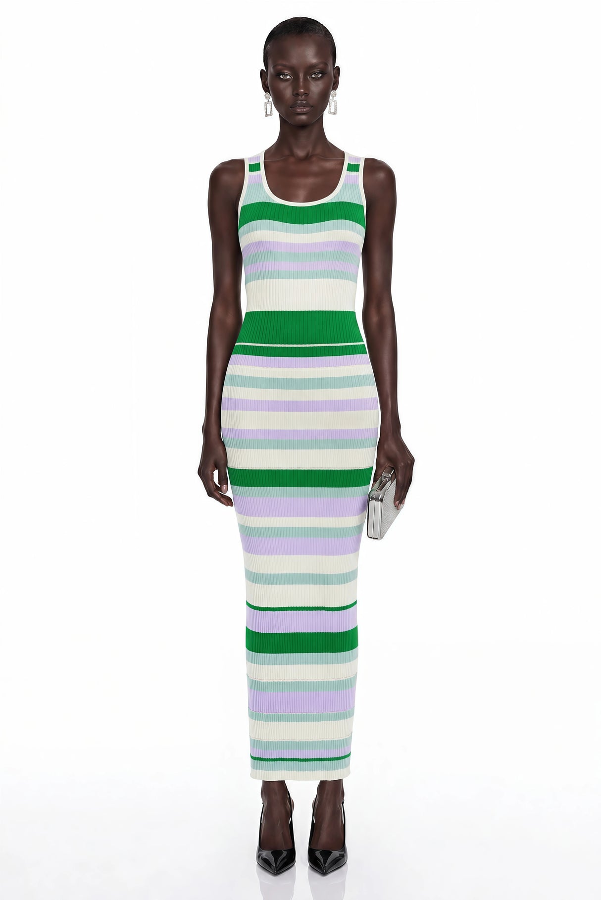 Tanya Green Round Neck Horizontal Stripes Maxi Dress
