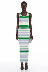 Tanya Green Round Neck Horizontal Stripes Maxi Dress