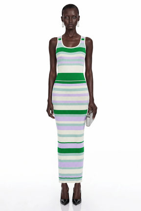 Tanya Green Round Neck Horizontal Stripes Maxi Dress