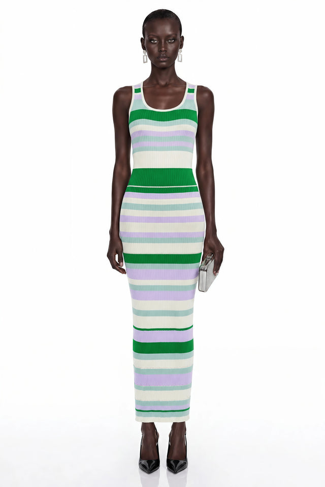 Tanya Green Round Neck Horizontal Stripes Maxi Dress