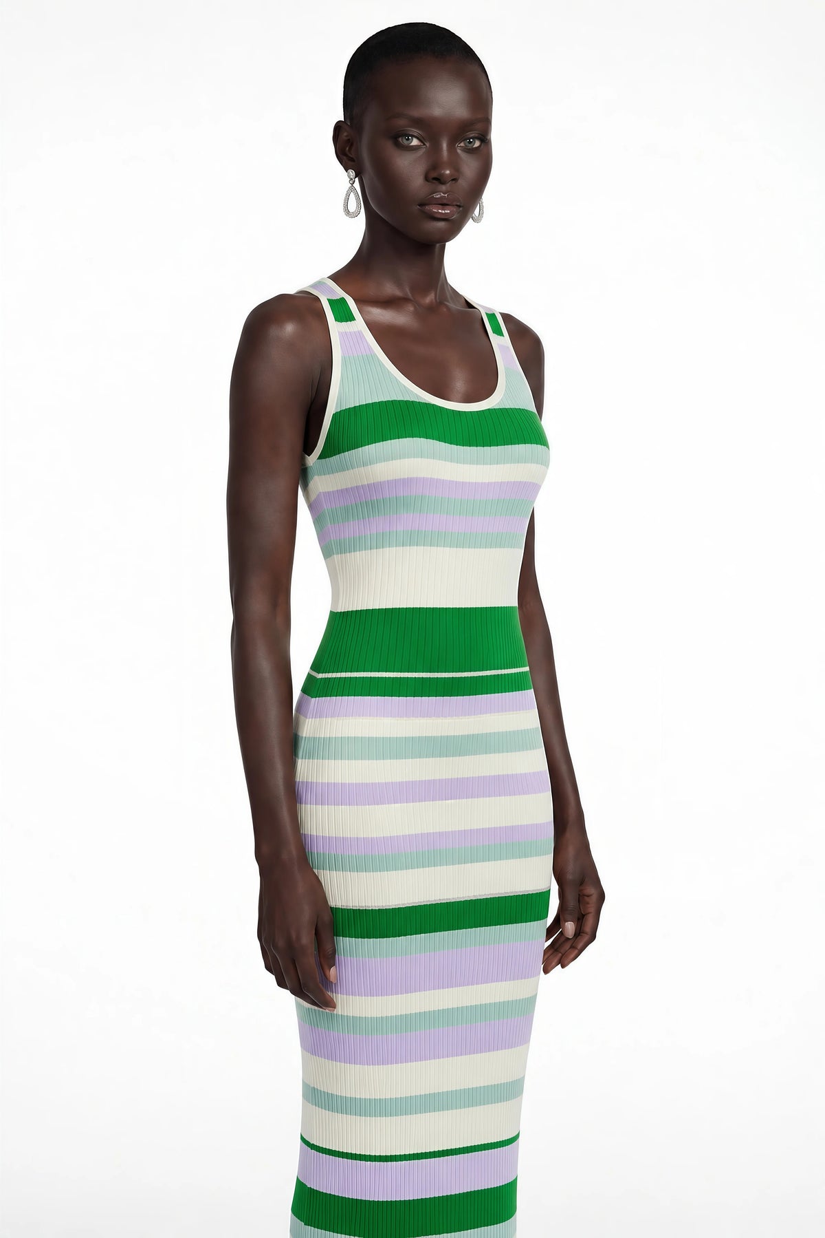 Tanya Green Round Neck Horizontal Stripes Maxi Dress