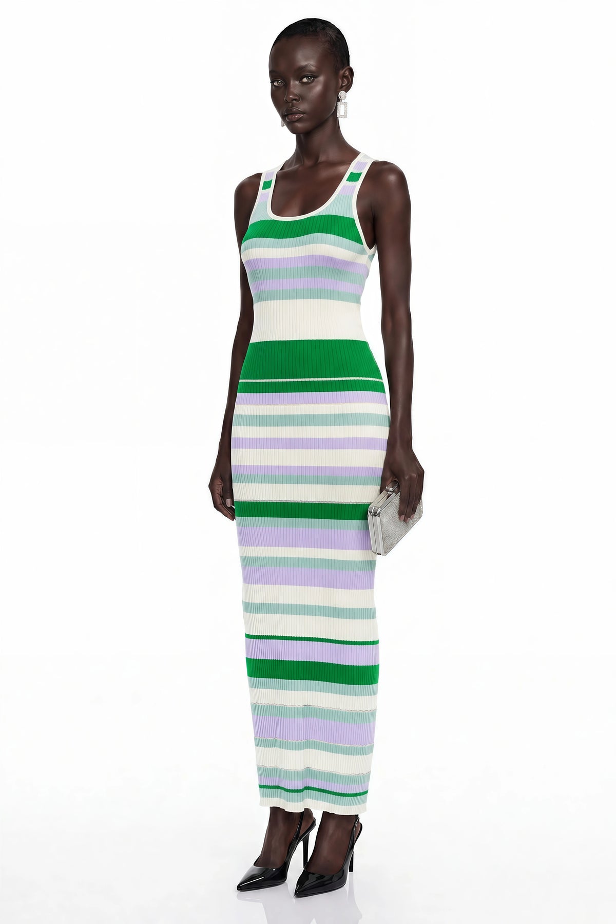 Tanya Green Round Neck Horizontal Stripes Maxi Dress