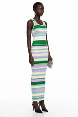 Tanya Green Round Neck Horizontal Stripes Maxi Dress