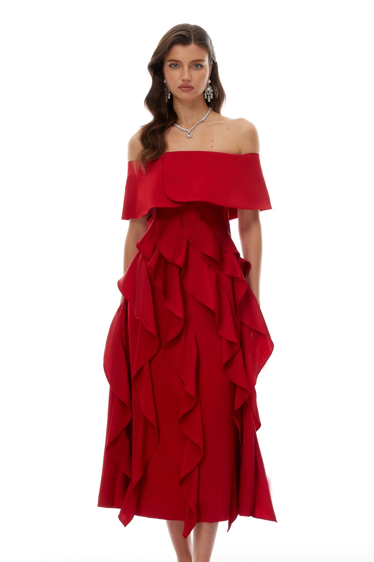 Tarjei Red OffShoulder Ruffled Midi Dress
