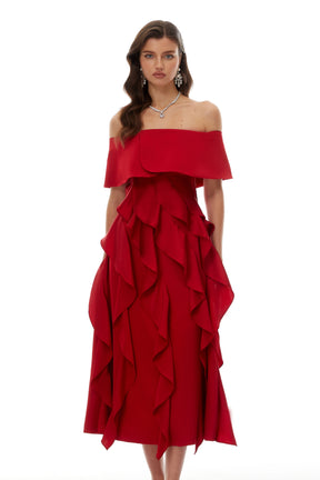 Tarjei Red OffShoulder Ruffled Midi Dress