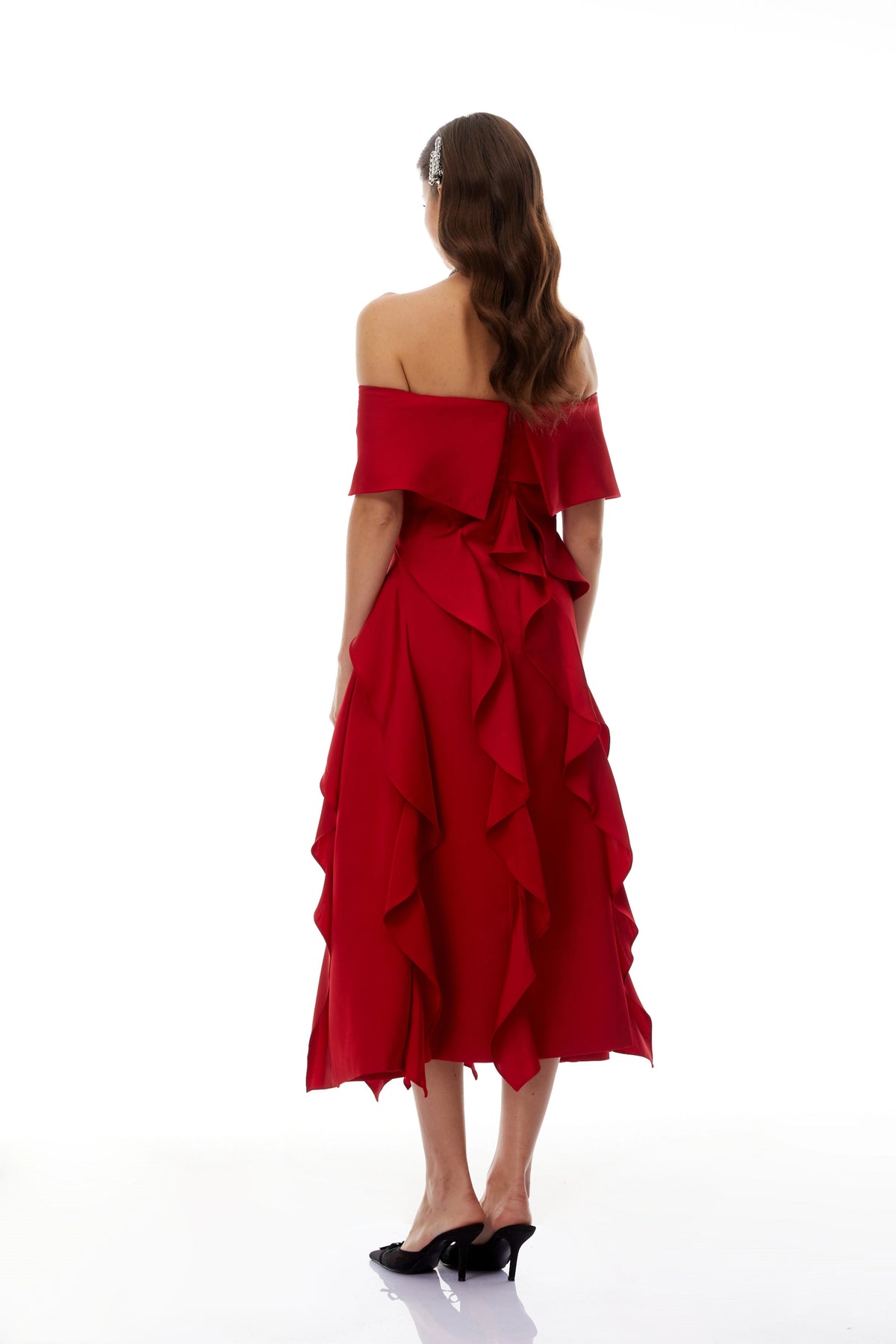 Tarjei Red OffShoulder Ruffled Midi Dress