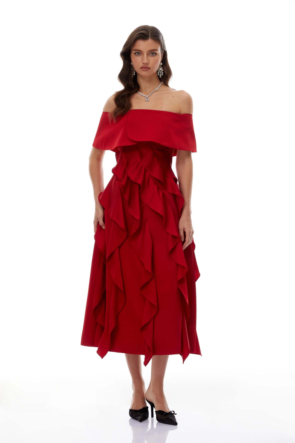 Tarjei Red OffShoulder Ruffled Midi Dress