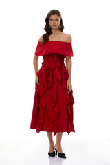 Tarjei Red OffShoulder Ruffled Midi Dress