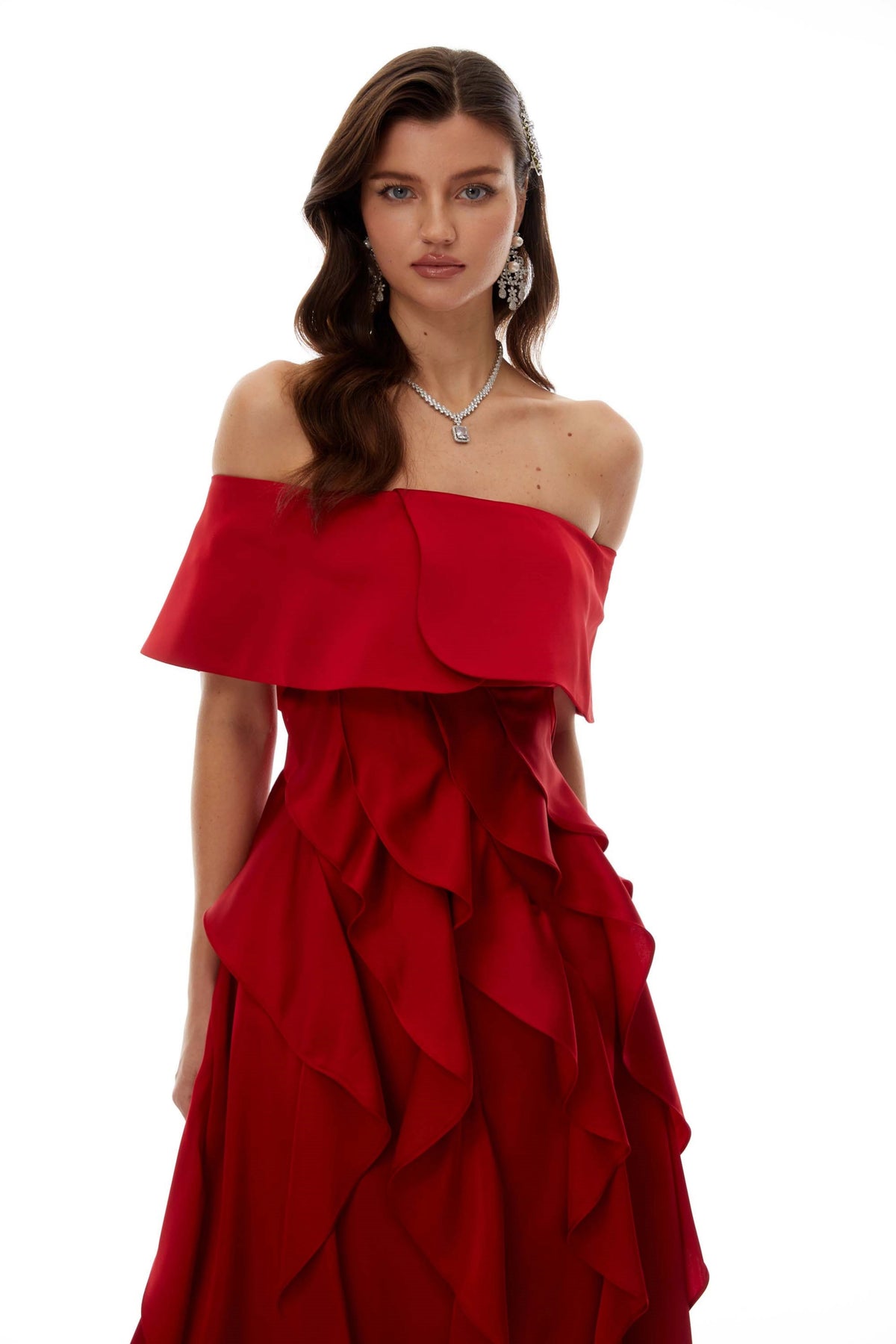 Tarjei Red OffShoulder Ruffled Midi Dress