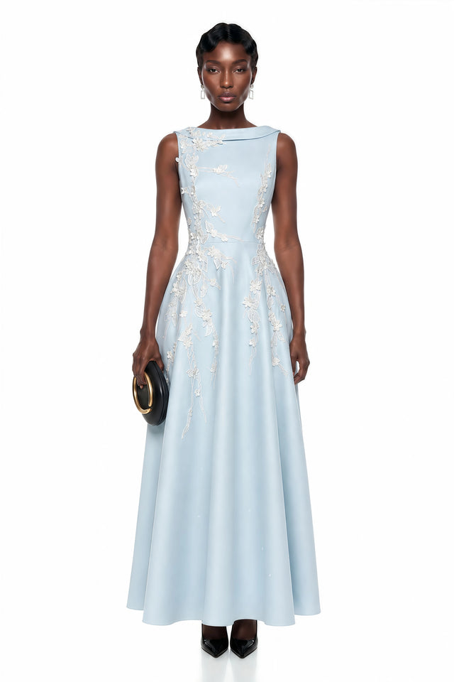 Tatiana Ice Blue Sleeveless Maxi Dress with 3D Florals