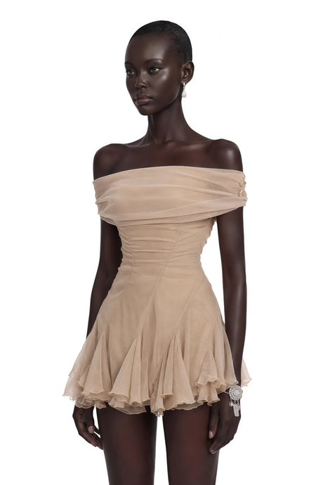 Piera Mini Dress Neutral Mesh Ruffled