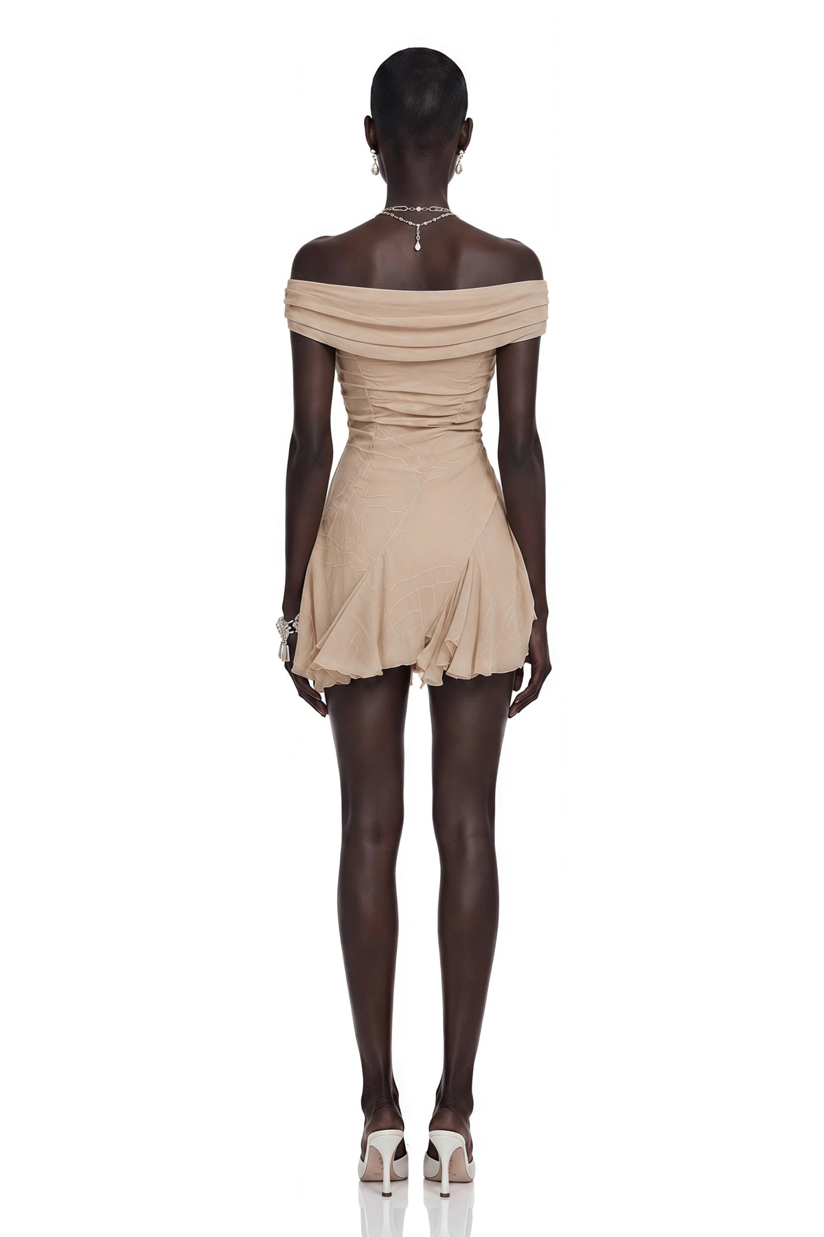 Tatiana Neutral Mesh Ruffled Mini Dress